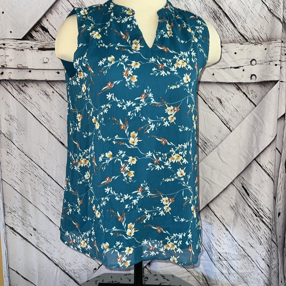 NWT Papermoon Annie Split Neck Sleeveless Lined Blouse Teal Floral